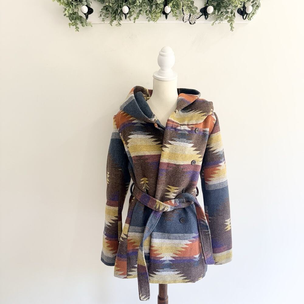 Paris Blue Women’s Hooded Aztec Southwestern Belted Coat Multicolor Size Large